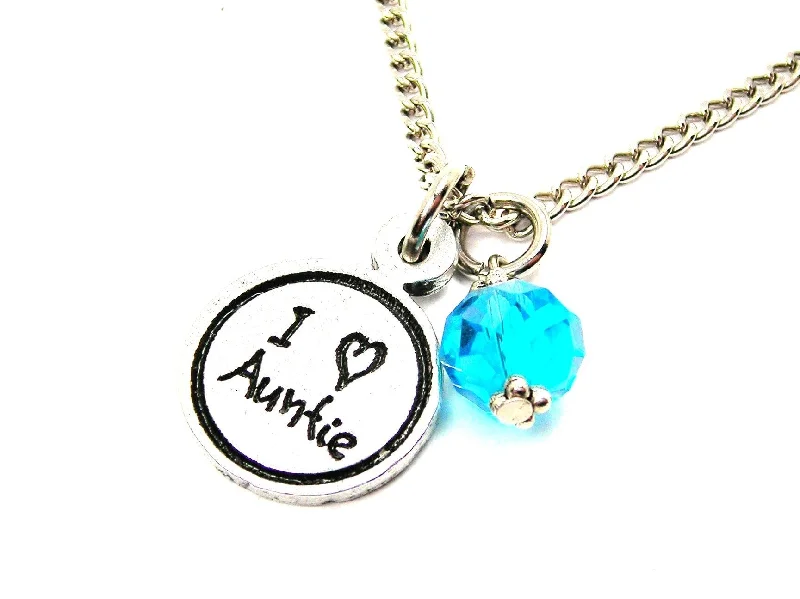 Large Silver Pendant Necklace-I Love Auntie Child Handwriting Necklace With Crystal Accent