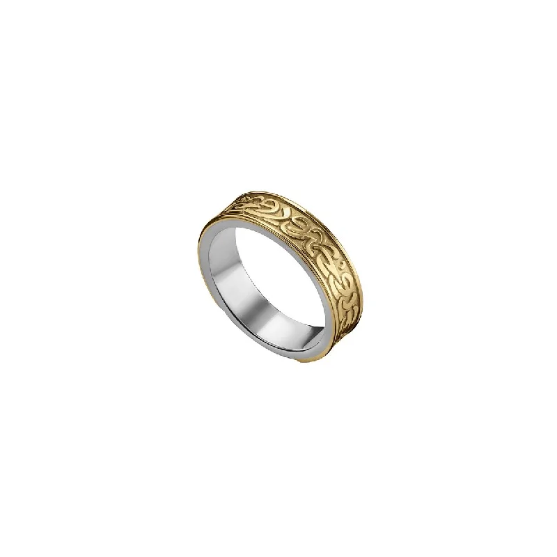 Engagement Ring with Side Stones-Silver/Gold Calligraphy Band