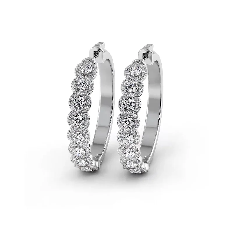 Retro Crystal Earrings-3.50 ctw. Halo Round Diamond Hoop Earrings