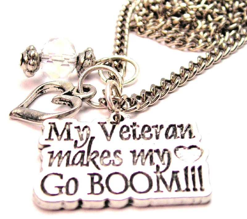 Simple Beaded Necklace-My Veteran Makes My Heart Go Boom Necklace with Small Heart