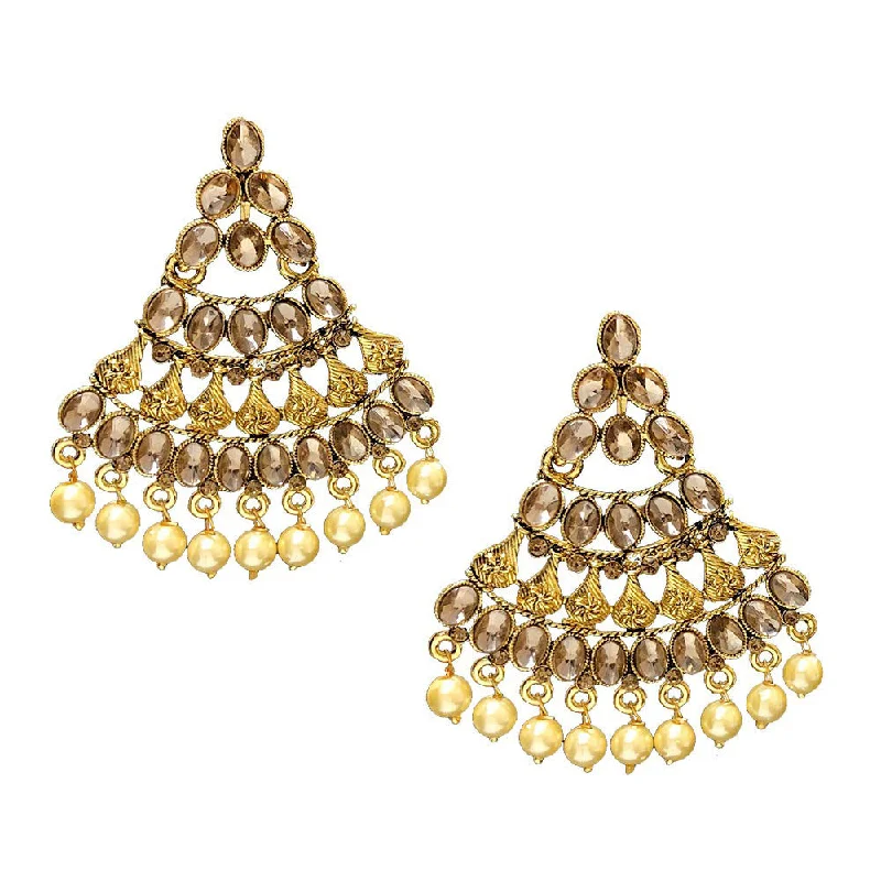 Ethnic Style Earrings-Shreeji Brown Kundan Gold Plated Dangler Earrings