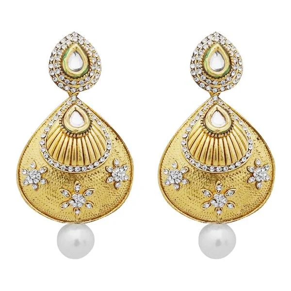 Semi Precious Stone Earrings-Jheel Austrian Stone Gold Plated Pearl Drop Dangler Earrings - 2900248B