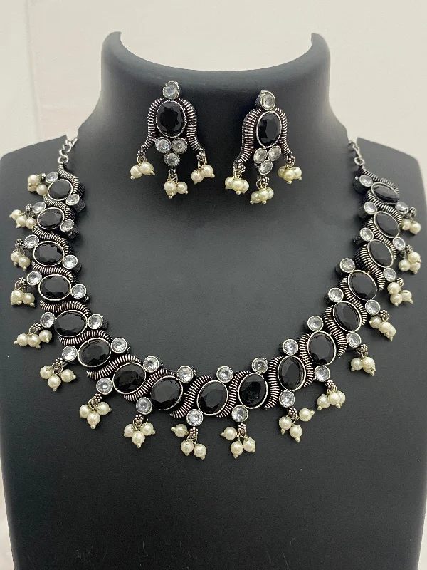 Long Necklace for Party-New Trendy Oxidized Pearl Beaded Necklace With Earrings