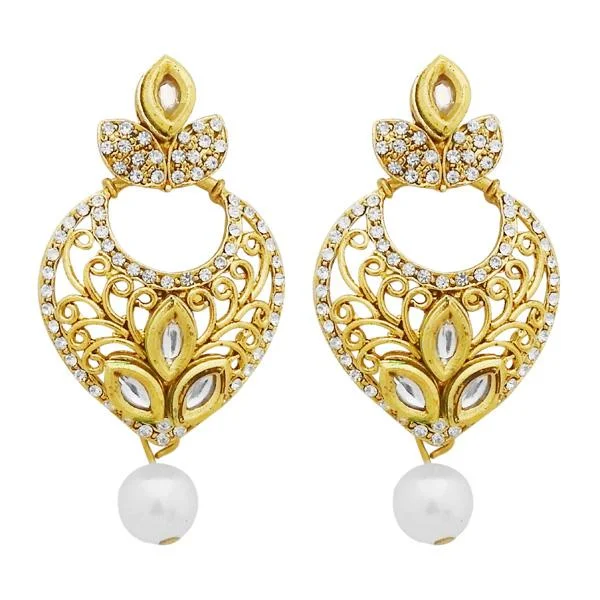 Simple Pearl Earrings-Jheel Stone Gold Plated Pearl Drop Dangler Earrings - 2900218B