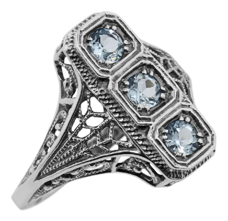 Diamond Halo Engagement Ring-Vintage Inspired Triple Blue Topaz Ring