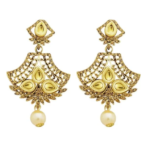 Birthstone Earrings-Jheel Stone Gold Plated Pearl Drop Dangler Earrings - 2900238A