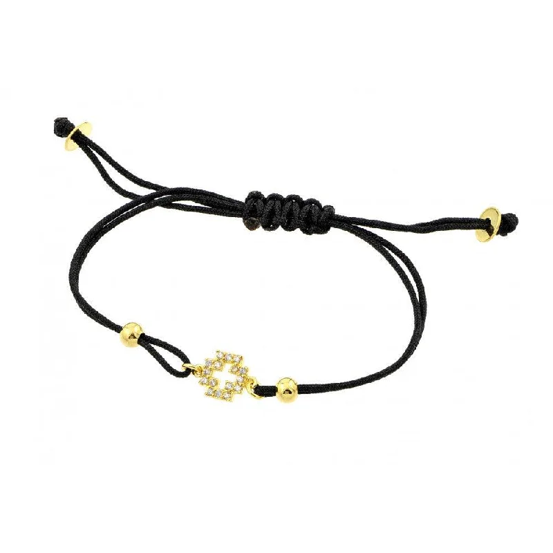 Beaded Friendship Bracelet for Adults-Silver 925 Gold Plated Open Cross Clear CZ Black Cord Bracelet - BGB00200