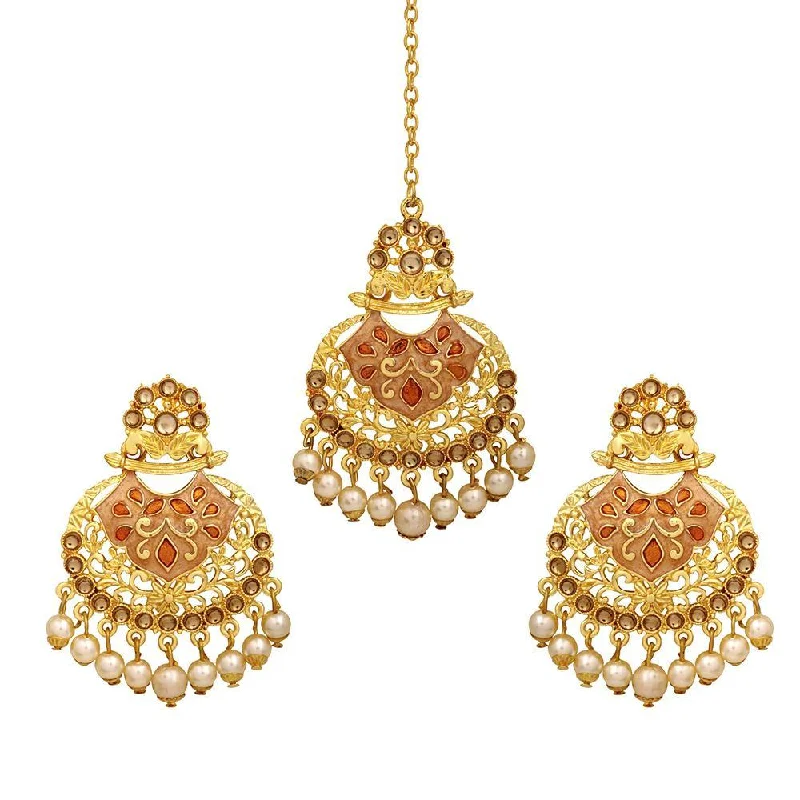 Freshwater Pearl Earrings-Mahi Traditional Dangler Pearl and Meenakari Work Maang Tikka and Earrings Set for Women (CO1105208G)