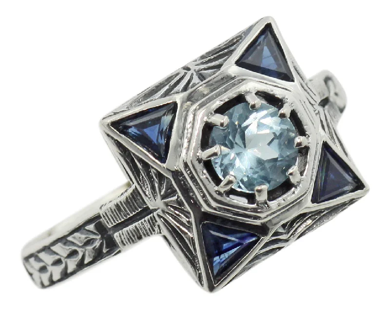 Sterling Silver Engagement Ring-Vintage Inspired Blue Topaz & Sapphire ring