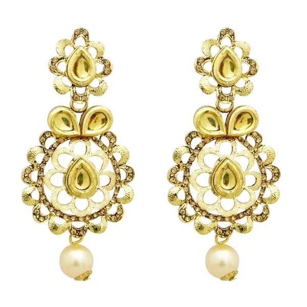 Vintage Pearl Earrings-Jheel Stone Gold Plated Pearl Drop Dangler Earrings - 2900237A