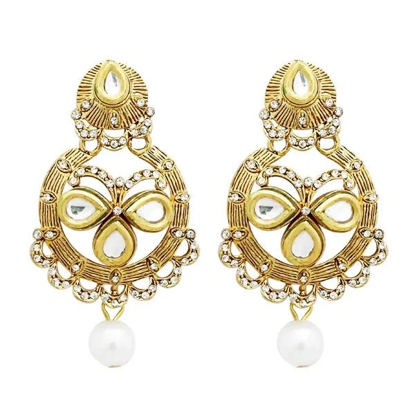 Casual Drop Earrings-Jheel Stone Gold Plated Pearl Drop Dangler Earrings - 2900220B