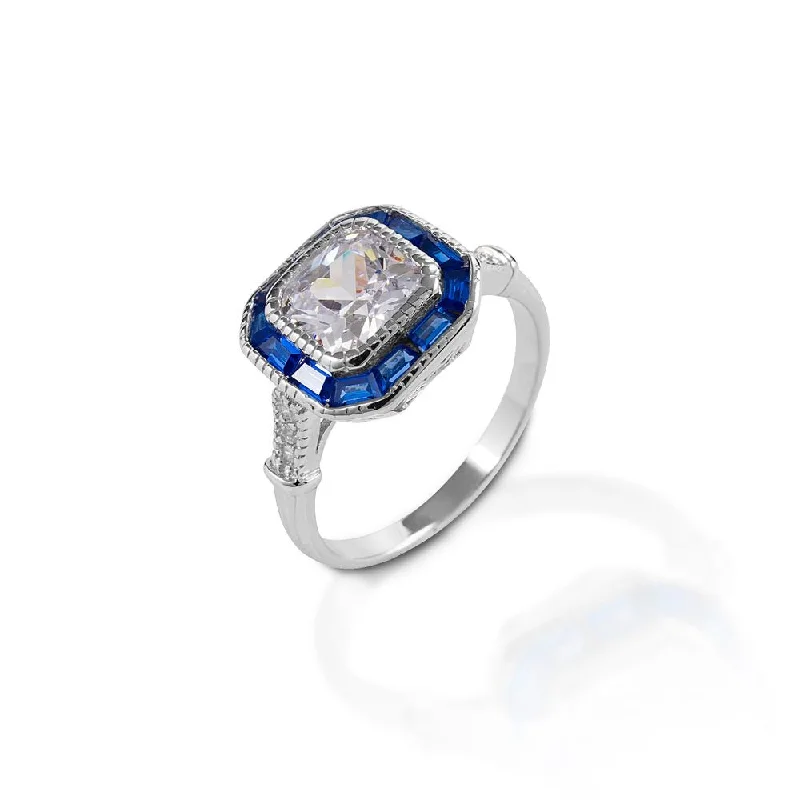 Elegant Wedding Ring Set-Kelly Herd Small Asscher Cut/Blue Spinel Ring - Sterling Silver