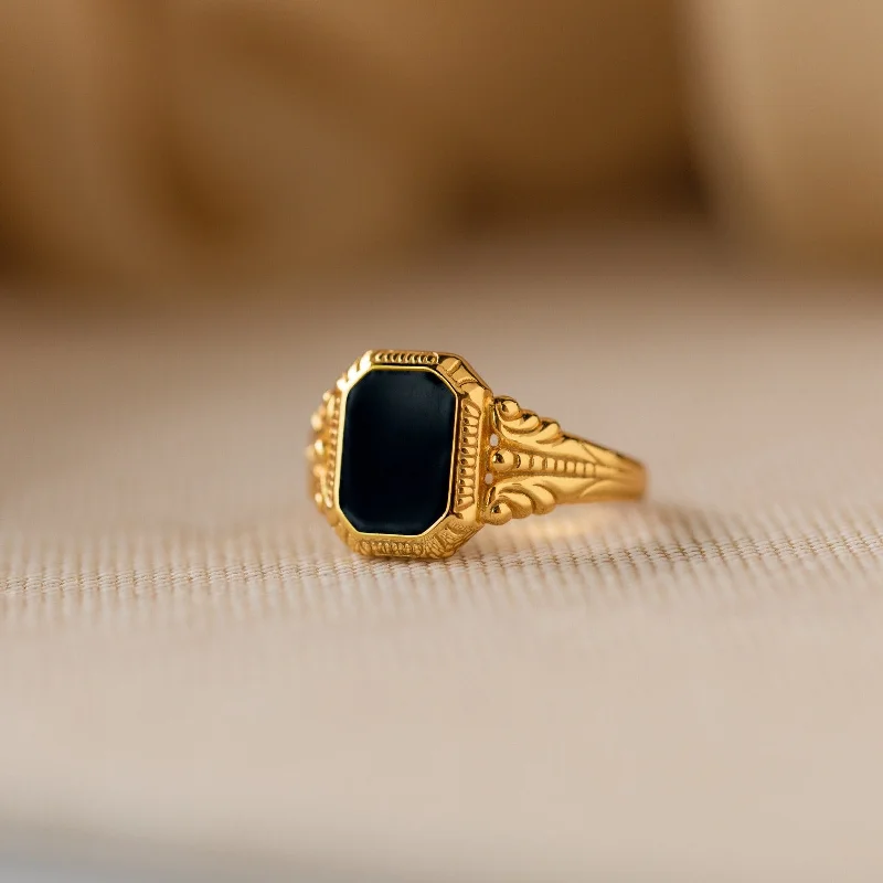 Stackable Wedding Bands-Vintage Black Signet Ring