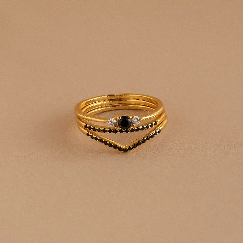 Classic Gold Wedding Ring-Black Curve Ring Set