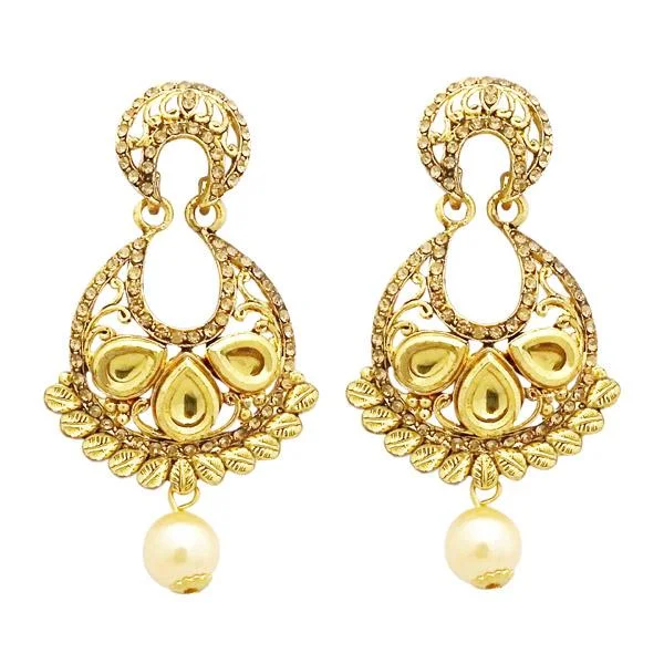 Geometric Earrings for Women-Jheel Austrian Stone Pearl Drop Dangler Earrings - 2900214A