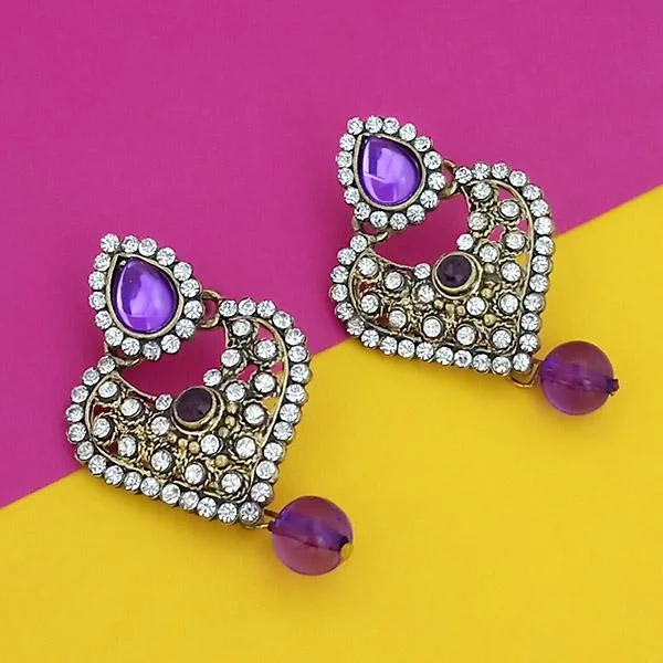 Large Statement Earrings-Kriaa Purple Kundan Austrian Stone Gold Plated Dangler Earrings