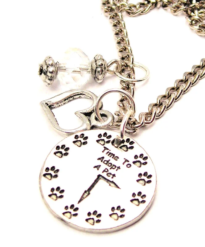 Custom Birthstone Necklace for Mom-Time To Adopt A Pet Clock With Paw Prints Necklace with Small Heart