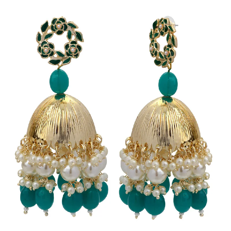 Freshwater Pearl Earrings-Mahi Beautifully Dark Green Emelled Pearl Drop Ethnic Floral Jhumka Earring for Women (ER1109819GDGre)