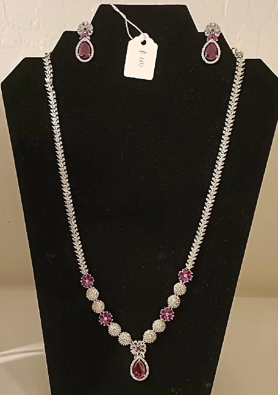 Long Chain Necklace-Beautiful American Diamond Purple Stoned Long Chain With Earrings