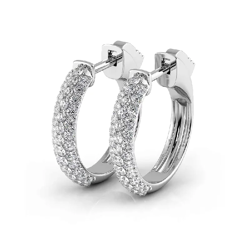 Luxury Gold Earrings-Triple Row 0.60 ctw. Round Diamond Hoop Earrings Pave Dome Style