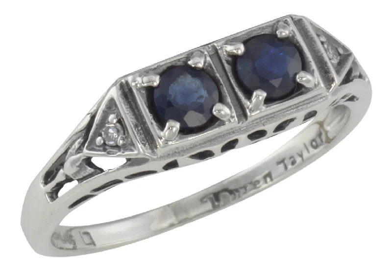 Engagement Ring with Halo-Double Sapphire Vintage Inspired Ring