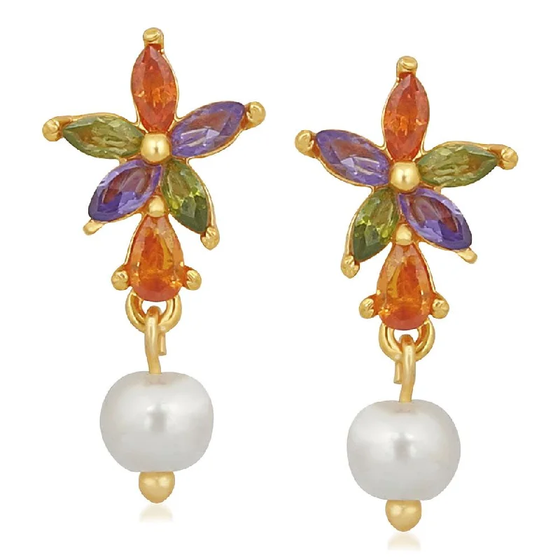 Swarovski Crystal Earrings-Mahi Gold Plated Floral Inspired Multicolour Dangler Earrings