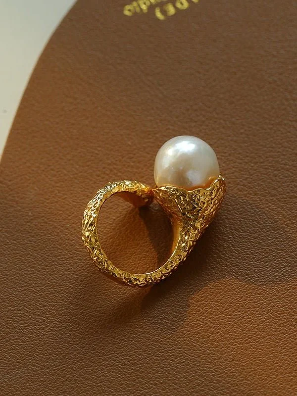 Elegant Wedding Ring Set-Vintage Floral Orb Round Baroque Pearl Rings