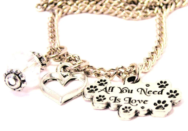 Dainty Silver Necklace-All You Need Is Love With Paw Prints Necklace with Small Heart