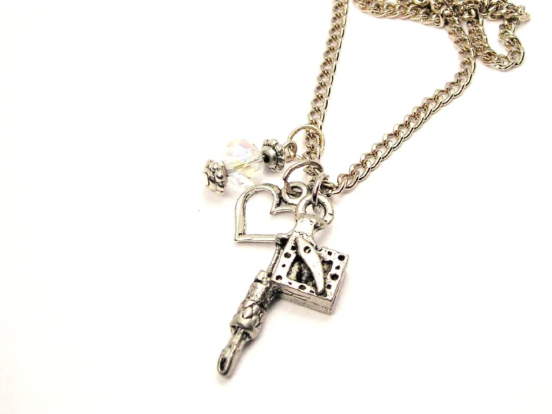 Birthstone Necklace for Mom-Tattoo Gun Necklace with Small Heart