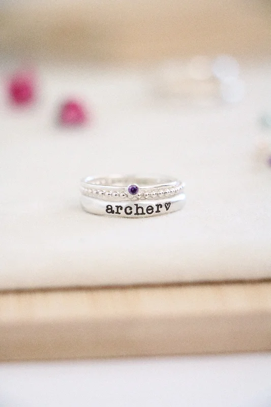 Unique Wedding Band Set-name ring + bead ring + birthstone ring {sterling silver}