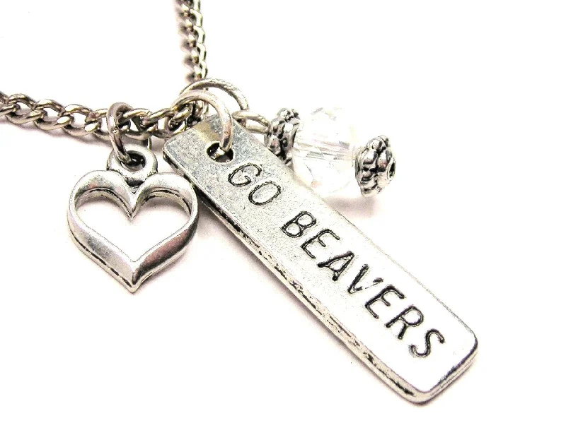 Large Silver Pendant Necklace-Go Beavers Tab Necklace with Small Heart