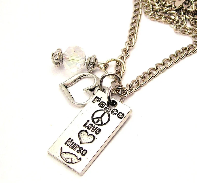 Gold Bar Necklace-Peace Love Nurse Heart And Crystal Necklace