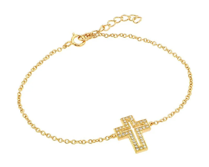 Gold Bar Bracelet for Women-Silver 925 Gold Plated Open Cross CZ Bracelet - BGB00150