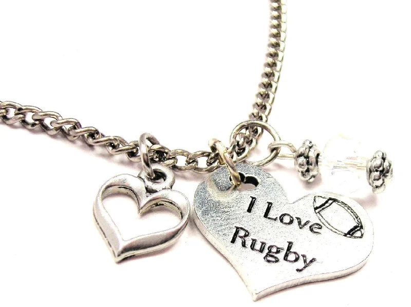 Statement Necklace for Wedding-I Love Rugby Heart And Crystal Necklace