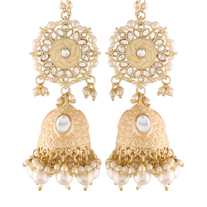 Pink Stone Earrings-Etnico18K Gold Plated Intricately Designed Traditional with Detachable Hair Chain Encased With Kundans & Pearls Jumka Earrings For Women (E2906W)