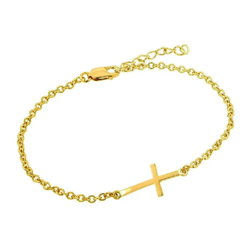 Personalized Date Bracelet-Silver 925 Gold Plated Sideways Cross CZ Bracelet - BGB00110GP