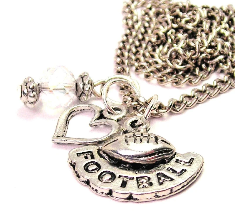 Silver Necklace with Charms-Football With Word Football Necklace with Small Heart