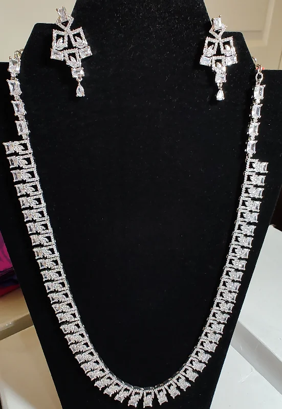 Gemstone Chain Necklace-Beautiful Long Necklace Set With White CZ Stones