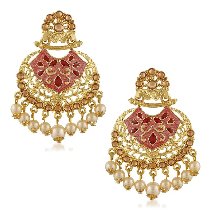 Beaded Earrings-Mahi Traditional Dangler Earrings with Artifical Pearl Red Meenakariwork for Women (ER1109704G)