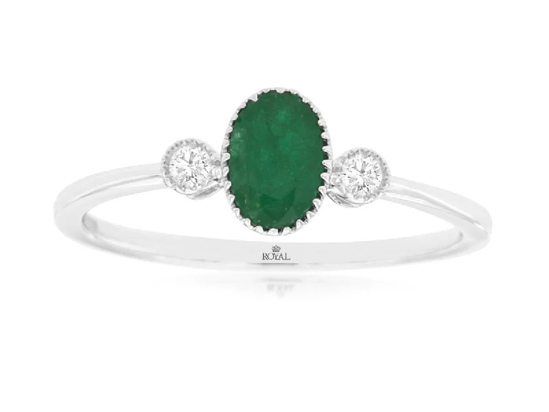 Custom Birthstone Ring for Mom-Oval Shape Emerald Ring with Diamond Accents