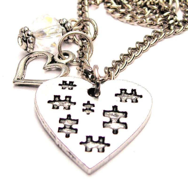 Personalized Pendant Necklace-Heart With Puzzle Pieces All Over Necklace with Small Heart