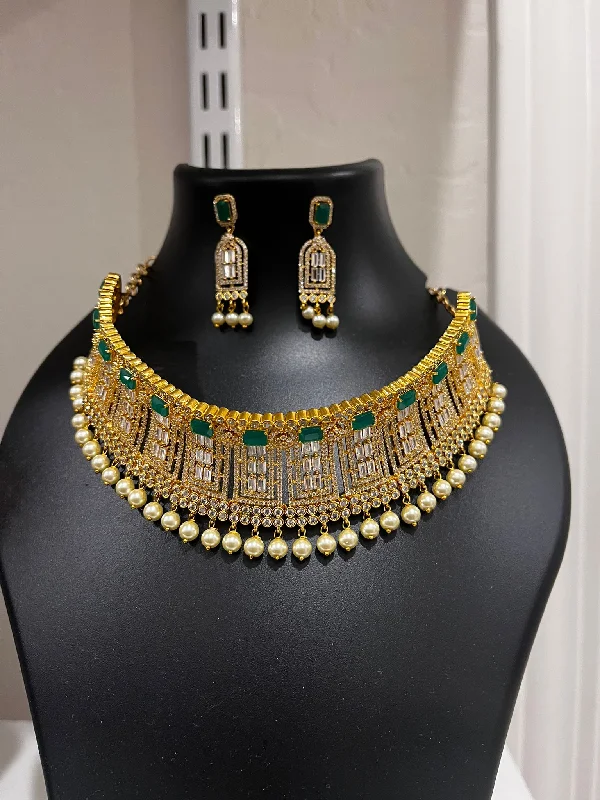 Diamond and Pearl Necklace-Exquisite Green And White Color Stone Designed Gold Plated Necklace Set And Earrings With Beads