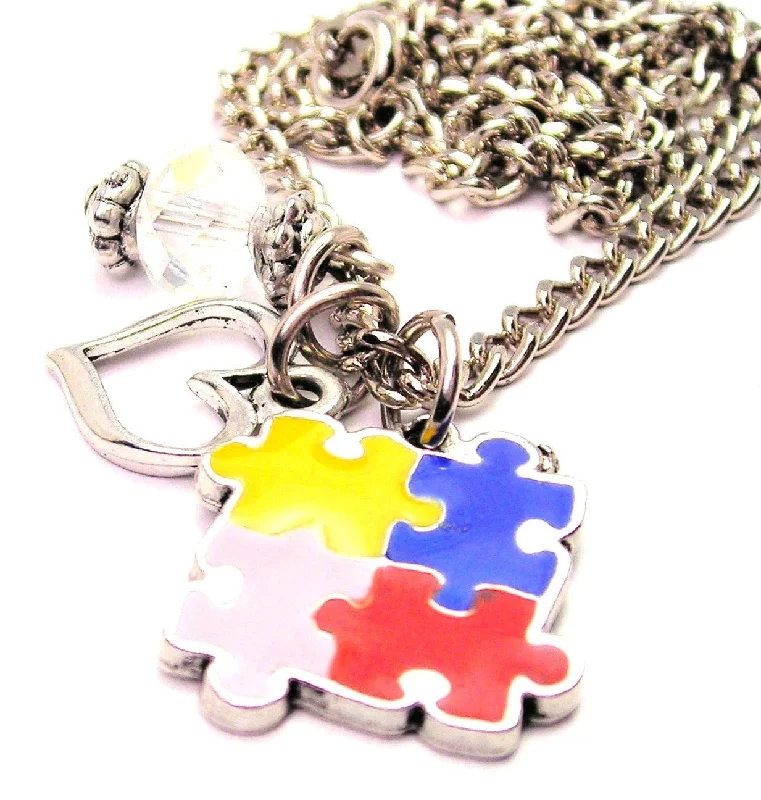 Rose Gold Necklace for Women-Hand Painted Little Puzzle Pieces Autism Awareness Necklace with Small Heart