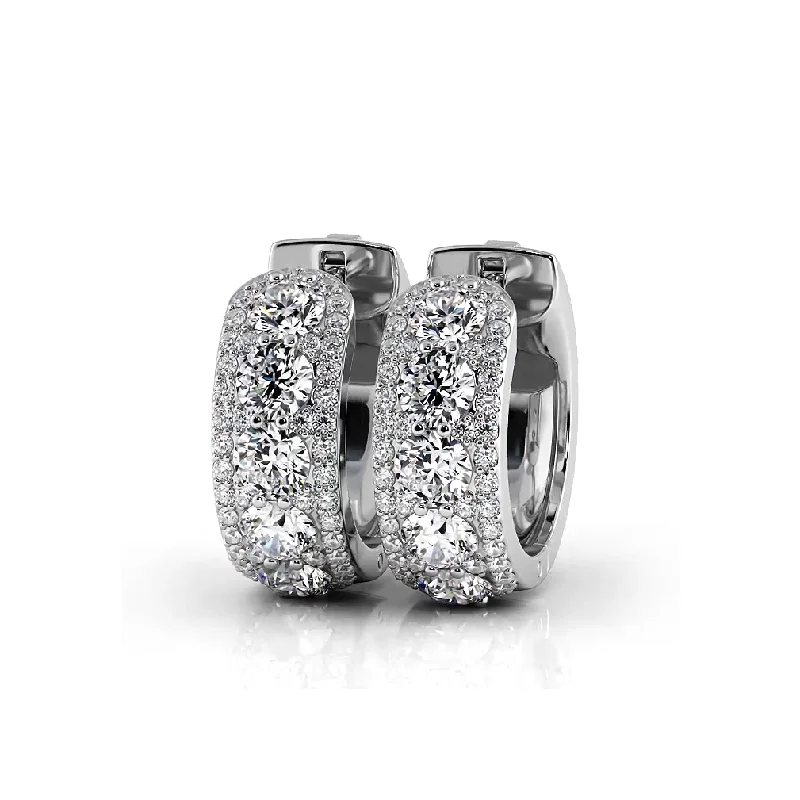 Colorful Hoop Earrings-2.0 ctw. Three Rows Round Diamond Huggie Hoop Earrings