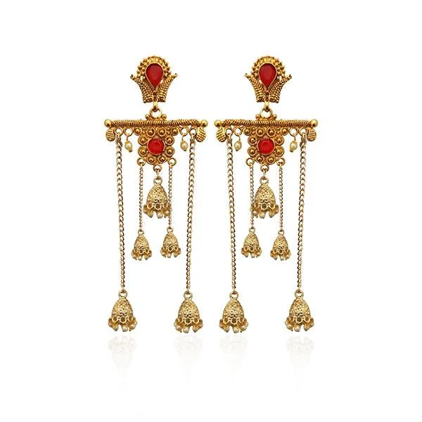 Elegant Gold Earrings-Kriaa Red Stone Gold Plated Dangler Earrings - 1310562A