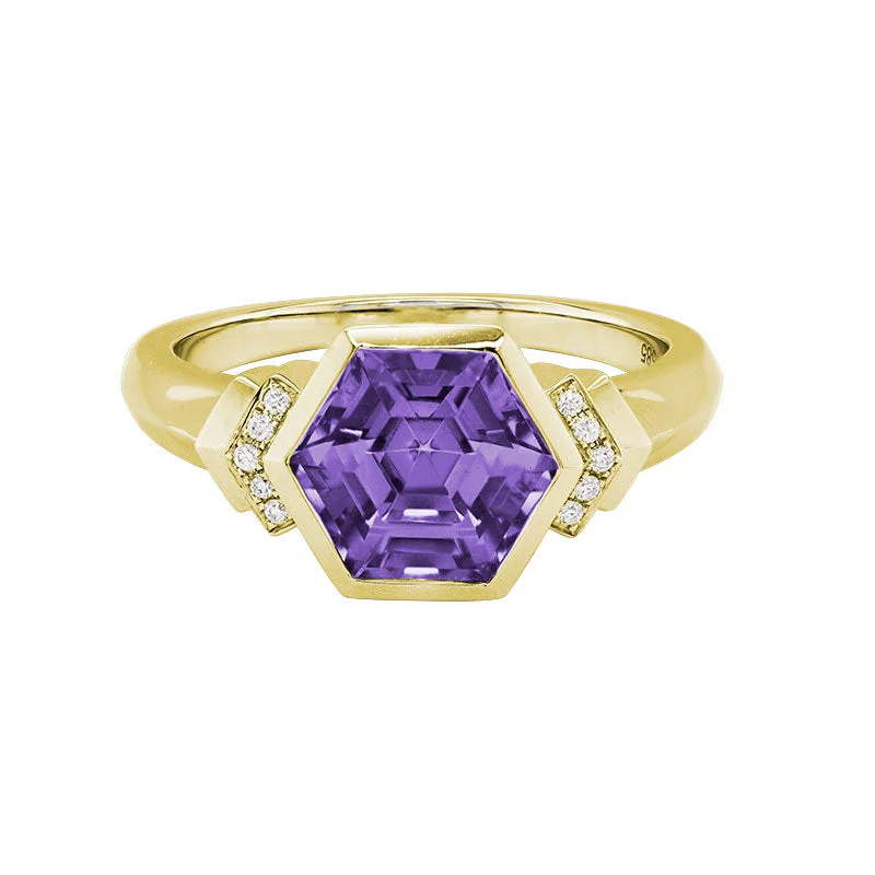 Women’s Stackable Rings-Hexagon Amethyst Ring with Diamond Accents