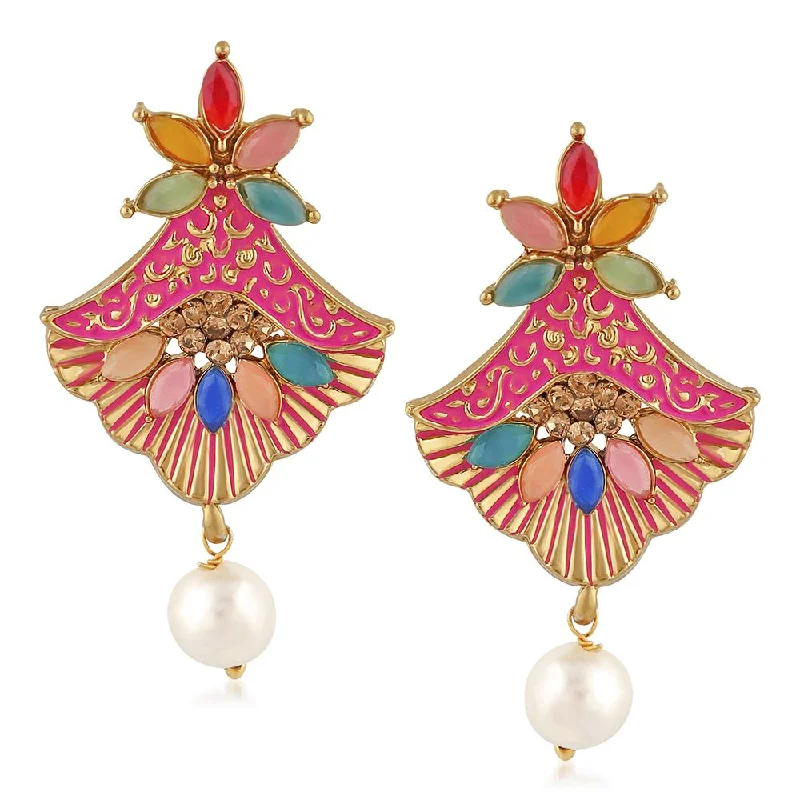 Funky Earrings-Mahi Meenakari Work Floral Dangler Earrings with Crystal and Artificial Pearl for Womens (ER1109671G)