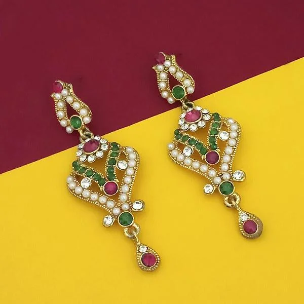 Women’s Crystal Earrings-Kriaa Gold Plated Pink Green Stone Dangler Earrings