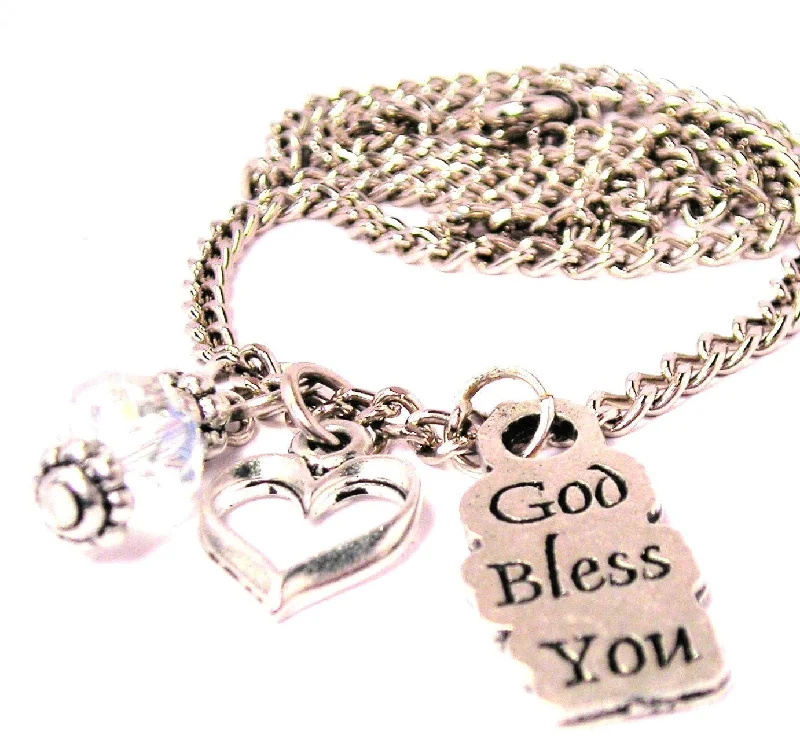 Beaded Necklace with Charms-God Bless You Necklace with Small Heart