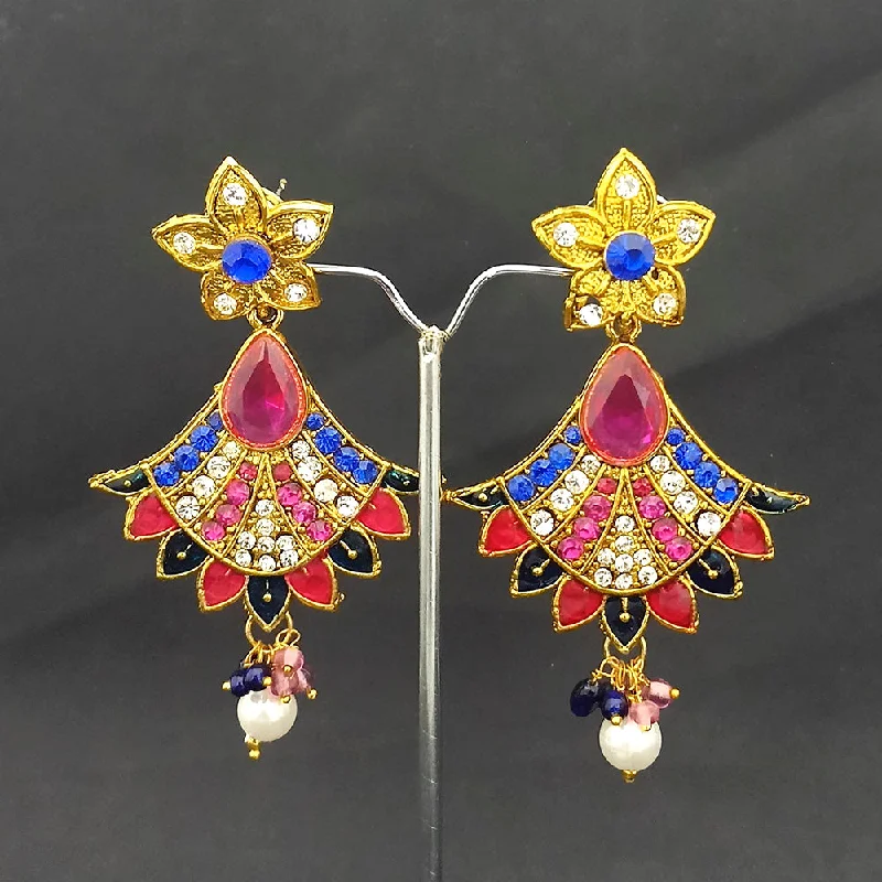 Pink Stone Earrings-Kriaa Gold Plated Pink & Blue Austrian Stone And Meenakari Dangler earrings